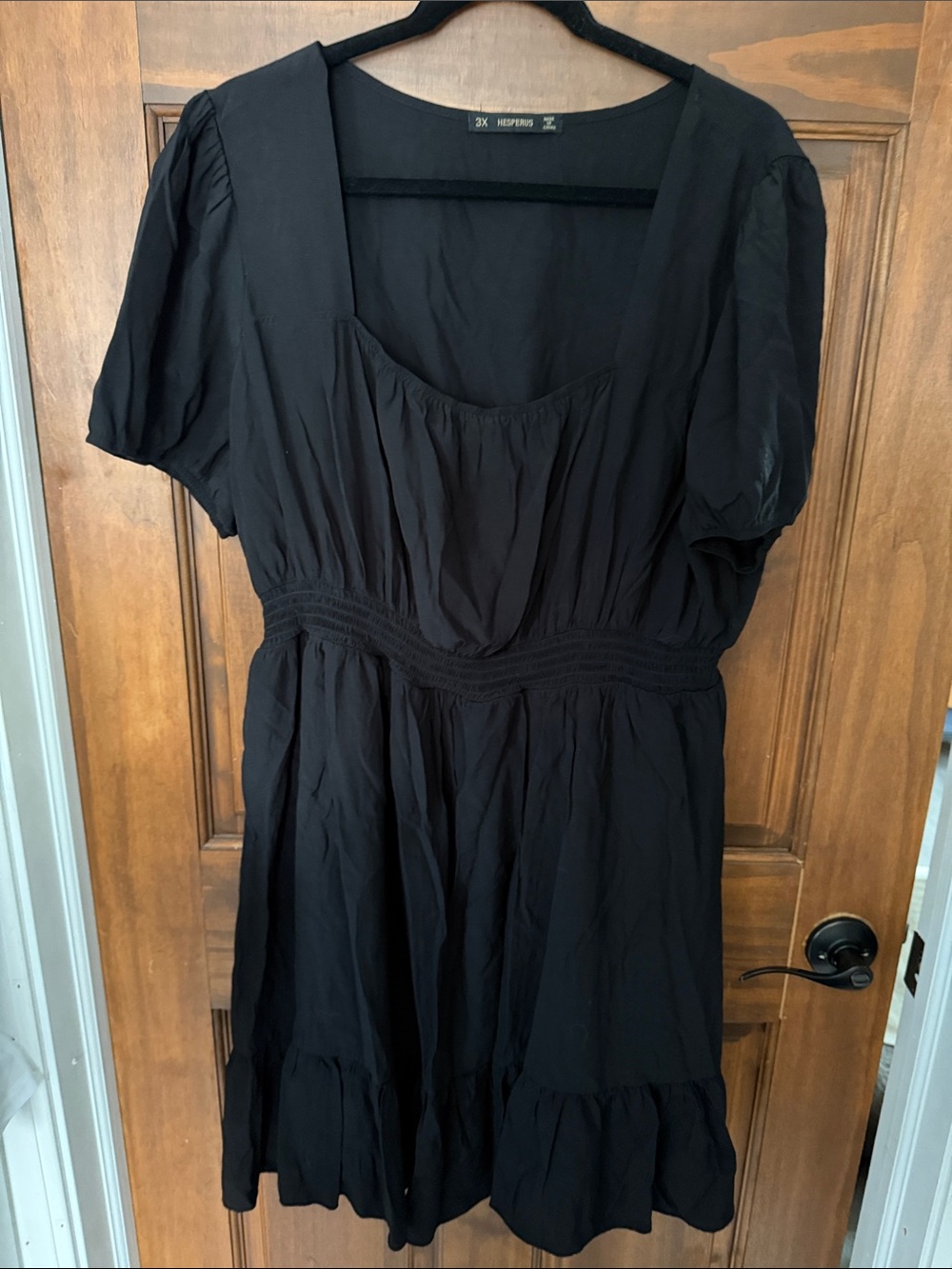 Smocked Waist Black Mini Dress with Square Neck